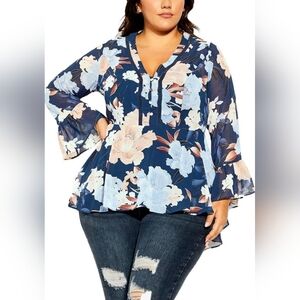 City Chic Navy Floral Blouse Women's Top Caroline Steel Blue Tender Fl XXL 24